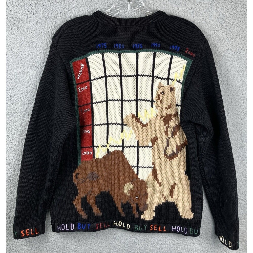 VTG Y2K Eagle's Eye Stock Market Snap Cardigan M Bulls Bears Buy-Sell-Hold RARE - Picture 2 of 12